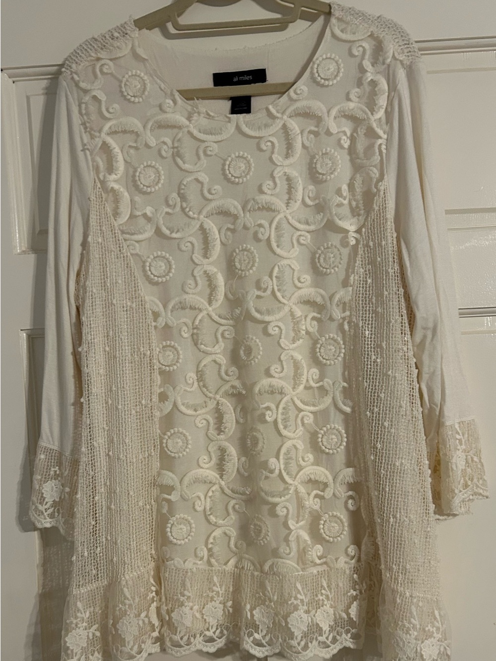 Ali Miles Ivory Mixed Media Lace Tunic Top Boho Artsy Lagenlook CottageCore XL